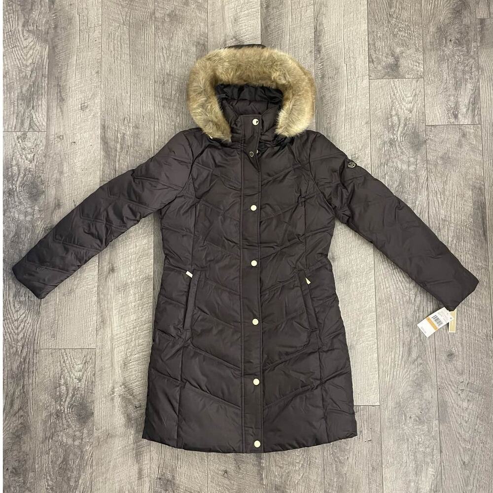 MICHAEL KORS Puffer Coat Faux Fur Trim Hood‎ Gold Buttons
